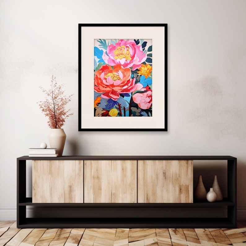 May include: A framed print of a floral illustration featuring pink and orange peonies with green leaves and blue accents.