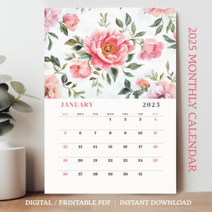 2025 Calendar Monthly Printable Floral Botanical Watercolor DIGITAL DOWNLOAD, A4 A3 Size Digital PDF, Sunday to Saturday, Monthly Calendar