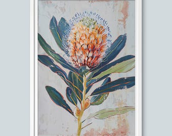 Puede incluir: Una pintura de una flor de protea con pétalos naranja y rojos y hojas verde azuladas sobre un fondo blanco.