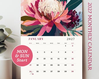 2027 Printable Calendar Floral Wall Art, Australian Native Flowers Monthly Planner Modern Bloom A4 A3 Digital PDF, Monday & Sunday Start