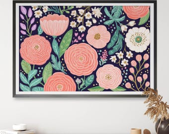 Midnight Garden Song Floral Wall Art, Navy Botanical Digital Print, Colourful Decorative Flower Art