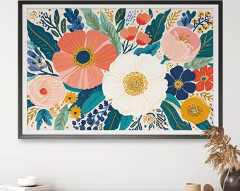 Botanical Opulence Floral Wall Art Print, Colourful Botanical Digital Download, Maximalist Flower Art, Landscape Horizontal