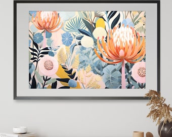 Australische Banksia Boho Landschaft, DIGITALER Kunstdruck, einheimische Blumen Banksia, botanische Wandkunst, australische Ureinwohner, druckbar