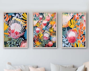 Australian Banksia Beauty Set of 3 Prints, Bold Floral Wall Art, Modern Botanical Decor, Colourful Gallery Wall Digital Download Printable