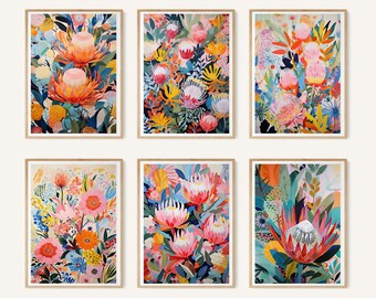 Australian Banksia Mix Bliss Set of 6 Prints, Colourful Botanical Wall Art, Native Floral Gallery Set, Bright Modern Decor Digital Download