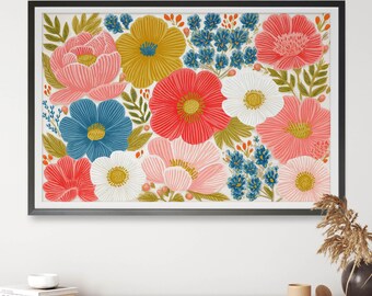 Floral Summer Symphony Colourful Floral Wall Art, Botanical Digital Print, Summer Flower Art