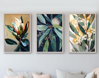 Australian Floral Abstract Essence Paintings Prints, DIGITAL DOWNLOAD, Set of 3 Prints, Native Flora, Aus Botanical Wall Art Printable