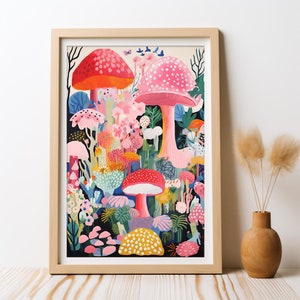 Pink Mushrooms Wonderland Digital Wall Art Cute Whimsical Boho Printable Artwork for Nursery Fairy Tale Cute Room Decor Pink Mushroom Poster