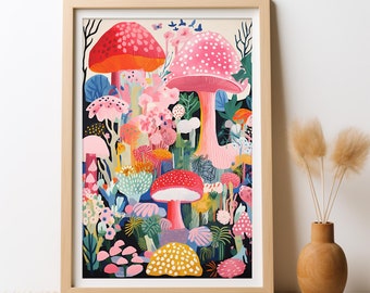 Pink Mushrooms Wonderland, DIGITAL DOWNLOAD, Cute Whimsical Mushy Floral Decor, Botanical Mushroom Pink Mushroom Poster, Printable Wall Art