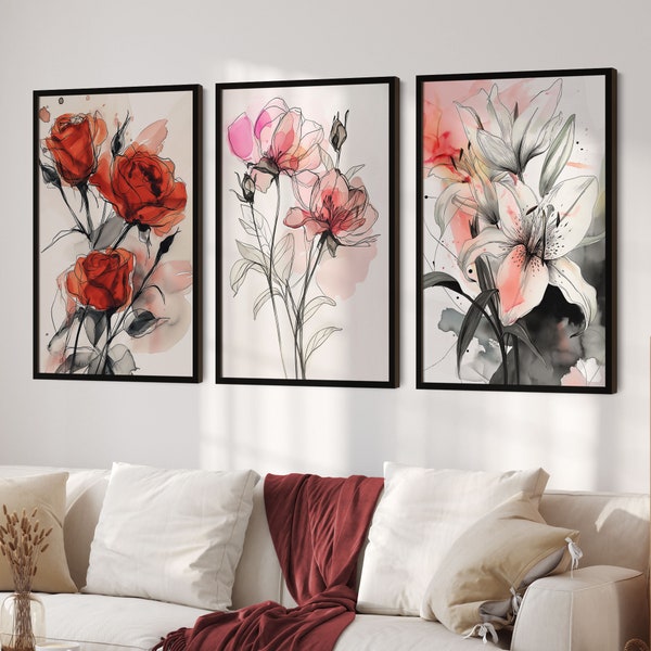Eternal Love Trio Floral Illustrations, DIGITAL DOWNLOAD, Set of 3 Prints, Red Roses Pink Peonies White Lillies, Printable Wall Art Flowers