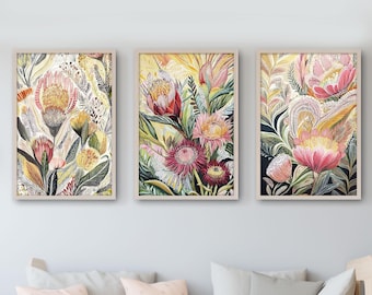 Obrazy harmonii rodzimych kwiatów australijskich DO POBRANIA CYFROWEGO Zestaw 3 wydruków Kwiaty rodzime australijskie Sztuka ścienna botaniczna Do druku Sztuka ścienna