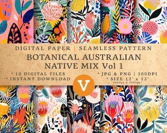 Australian Botanical Native Mix Vol 1, DIGITAL PAPER, Seamless Patterns Aus Native Flowers, Scrapbook Papers, Gift Wraps, Digital Paper Set