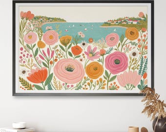 Coastal Garden Escape Wall Art, Colourful Floral Seascape Digital Print, Coastal Landscape Art