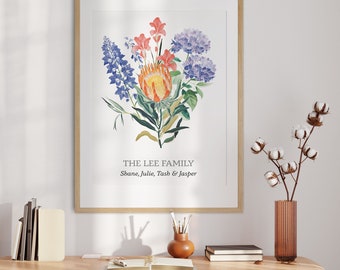 Family Flowers Bouquet, Birth Month Personalised Art, DIGITAL DOWNLOAD, Custom Order, Mothers Day & Family Gift, Anniversary Housewarming