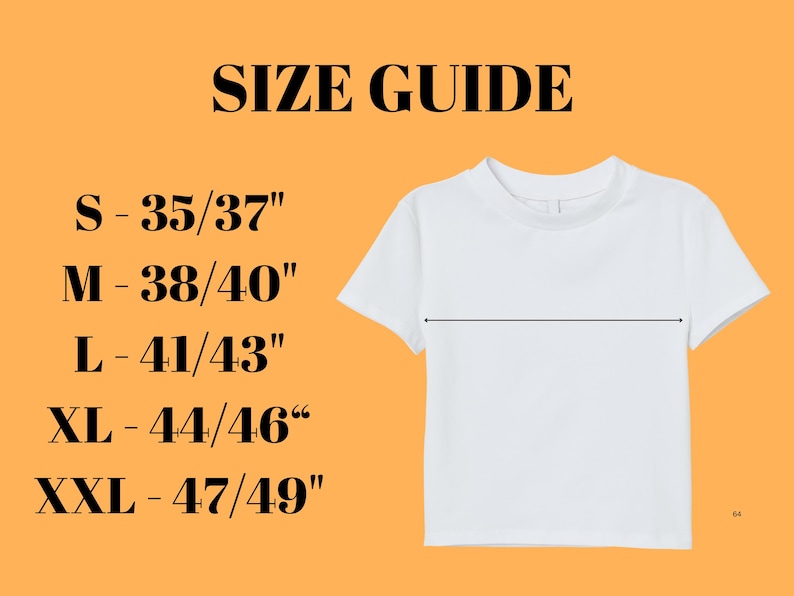 May include: Size guide for a t-shirt with measurements in inches.  Sizes include S - 35/37", M - 38/40", L - 41/43", XL - 44/46", and XXL - 47/49".