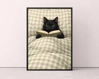 Black Cat Reading Book Print, Bookish Black Cat Print, Cat Reading Print, Black Cat Wall Art, Cosy Cat Book Poster, Cat In Bed Wall Print