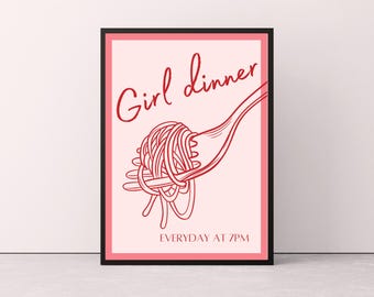 Impression cuisine dîner fille, art mural dîner fille, affiche dîner fille, décoration dîner fille, affiche cuisine rose girly, art mural esthétique tendance