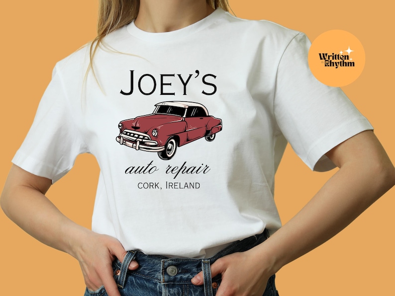 May include: White t-shirt with a red vintage car graphic and the text "JOEY'S auto repair CORK, IRELAND".
