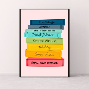 Romance Tropes Book Stack Print, Romance Tropes, Bookish Wall Art, Bookish Print, Bookish Room Decor, Home Library, Romance Reader, Book Art