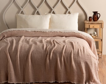 Beige Boho gaasdekens met franjes, 4 seizoenen sprei, queensize of kingsize mousseline sprei