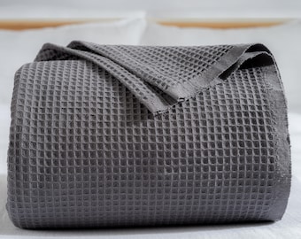 Dark Gray Turkish Cotton Waffle Blanket: Lightweight All-Season Throw