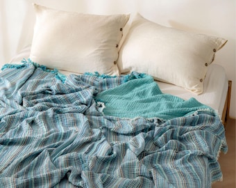 Turquoise Boho Muslin Throw Blanket: Queen XL Turkish Cotton Bedspread