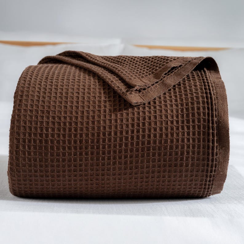 Waffle Blanket Dark Brown - 100% Turkish Cotton, Thin, Light, Airy, All-Season, Decorative Throw Blankets for Bed or Cocuh - Made in Turkiye