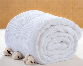 White Turkish Cotton Muslin Blanket: OEKO-Tex Certified, Lightweight Summer Blanket