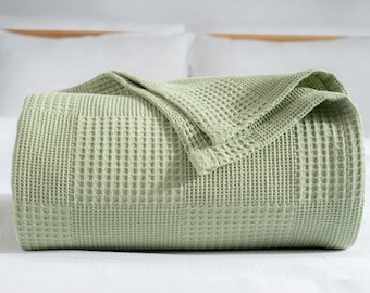Mint Green Turkish Cotton Waffle Weave Blanket - Lightweight All-Season Throw