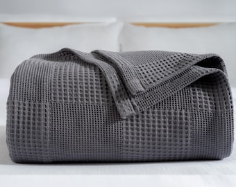 Dark Gray Turkish Cotton Waffle Weave Blanket - Lightweight All-Season Throw