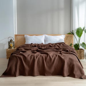 Pu&ograve; includere: Una coperta marrone a trama a nido d'ape copre un letto con cuscini bianchi e una testiera intrecciata. Una lanterna decorativa &egrave; su un comodino in vimini. Una pianta in vaso &egrave; visibile.