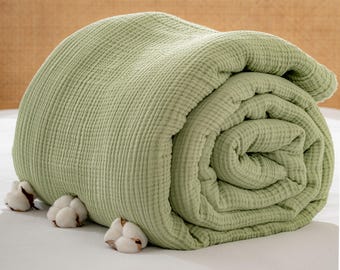 Sage Green Turkish Muslin Blanket: Organic Cotton, Lightweight Summer Coverlet