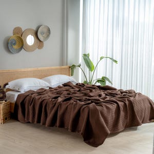 Pu&ograve; includere: Una coperta marrone a trama waffle copre un letto con cuscini bianchi. Il letto ha una testiera intrecciata. La stanza presenta una pianta e decorazioni murali. La coperta &egrave; di un colore caldo e neutro.