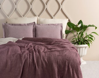 Purple Cozy Muslin Throw Blanket, 100% ORGANIC Gauze Blanket, Bohemian Fringed Gauze Bedcover