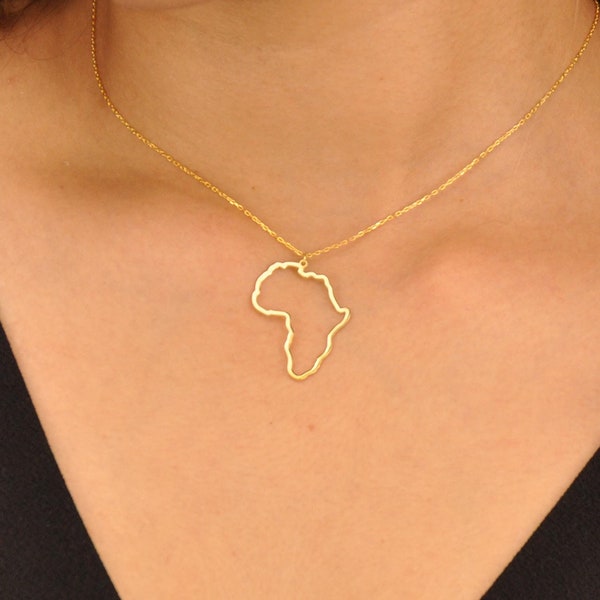 14K Gold Afrika Halskette, Zierliche Afrikanische Halskette, kleine Gold Afrika Anhänger, Afrika Karte Halskette, Geschenk Afrika Halskette mit Herz