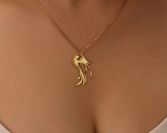 Gold Phoenix Necklace, Phoenix Pendant | Phoenix Bird Necklace, Phoenix Jewelry | Phoenix Charm, Firebird Necklace, Bird Lover Gift