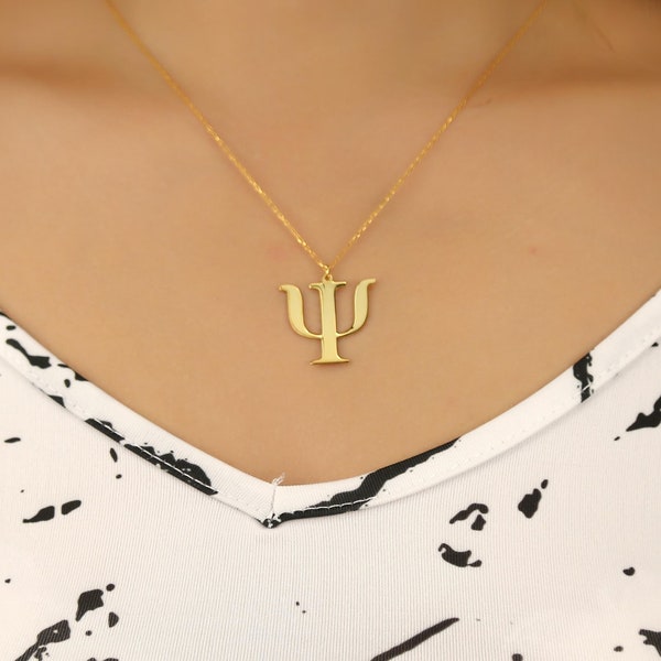 14k Solid Gold Psychology Necklace, Personalized Psychology Pendant, Psi Symbol Jewelry, Dainty Psychiatrist Charm, Psychology Symbol