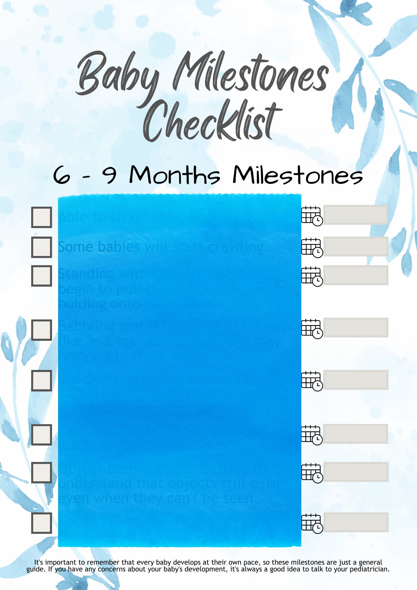 Baby Milestones and Development Checklist - Blue | Digital Download ...