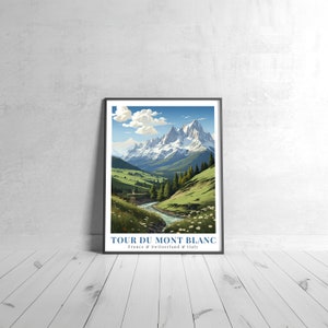 Tour du Mont Blanc Cartaz de viagem vintage retrô França, Suíça e Itália Impressão artística colorida decoração de casa viagem arte de parede presente de viagem