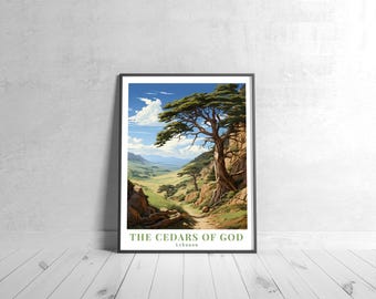 May include: A vintage travel poster featuring a scenic view of The Cedars of God in Lebanon. The poster depicts a large cedar tree with a winding path leading through a valley. The sky is blue with white clouds. The text "The Cedars of God, Lebanon" is printed at the bottom of the poster.