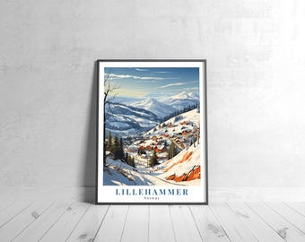 Lillehammer Vintage Travel Poster Retro Norway Art Print Colorful Home Decor Travel Wall Art Unique Travel Gift