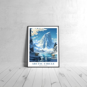 May include: A framed print of a snowy mountain landscape with two polar bears in the foreground. The print is titled "Arctic Circle" with the text "Arctic Circle" below the title.
