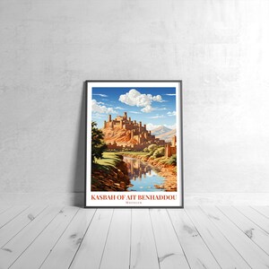 Kasbah d’Ait Benhaddou, affiche de voyage vintage Rétro Maroc Art Print Coloré Home Decor Travel Wall Art Cadeau de voyage unique