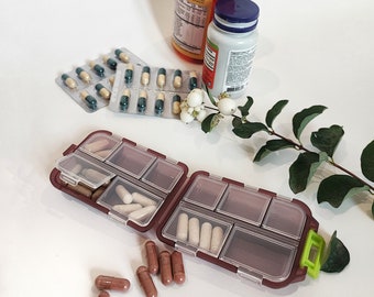 Plastic pill box with separate compartments, Travel pill case for medicines, Pill organizer box with compartments, Individual case medicines