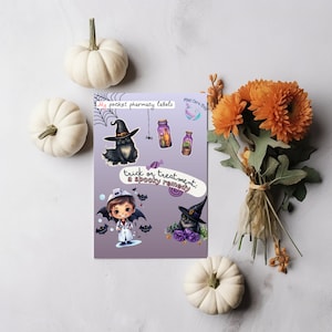 May include: A rectangular sheet of stickers featuring the text My pocket pharmacy labels and trick or treatment: a spooky remedy. The sheet includes illustrations of a cat in a witch hat, potion bottles, a doctor character, and bats.