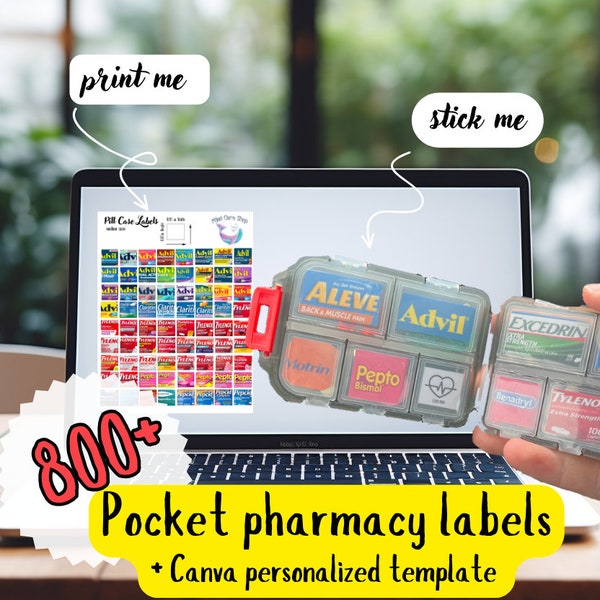 Pharmacy printable labels to personalize your pill box, Custom medicine stickers template, Ready-made digital pill case labels in 3 sizes