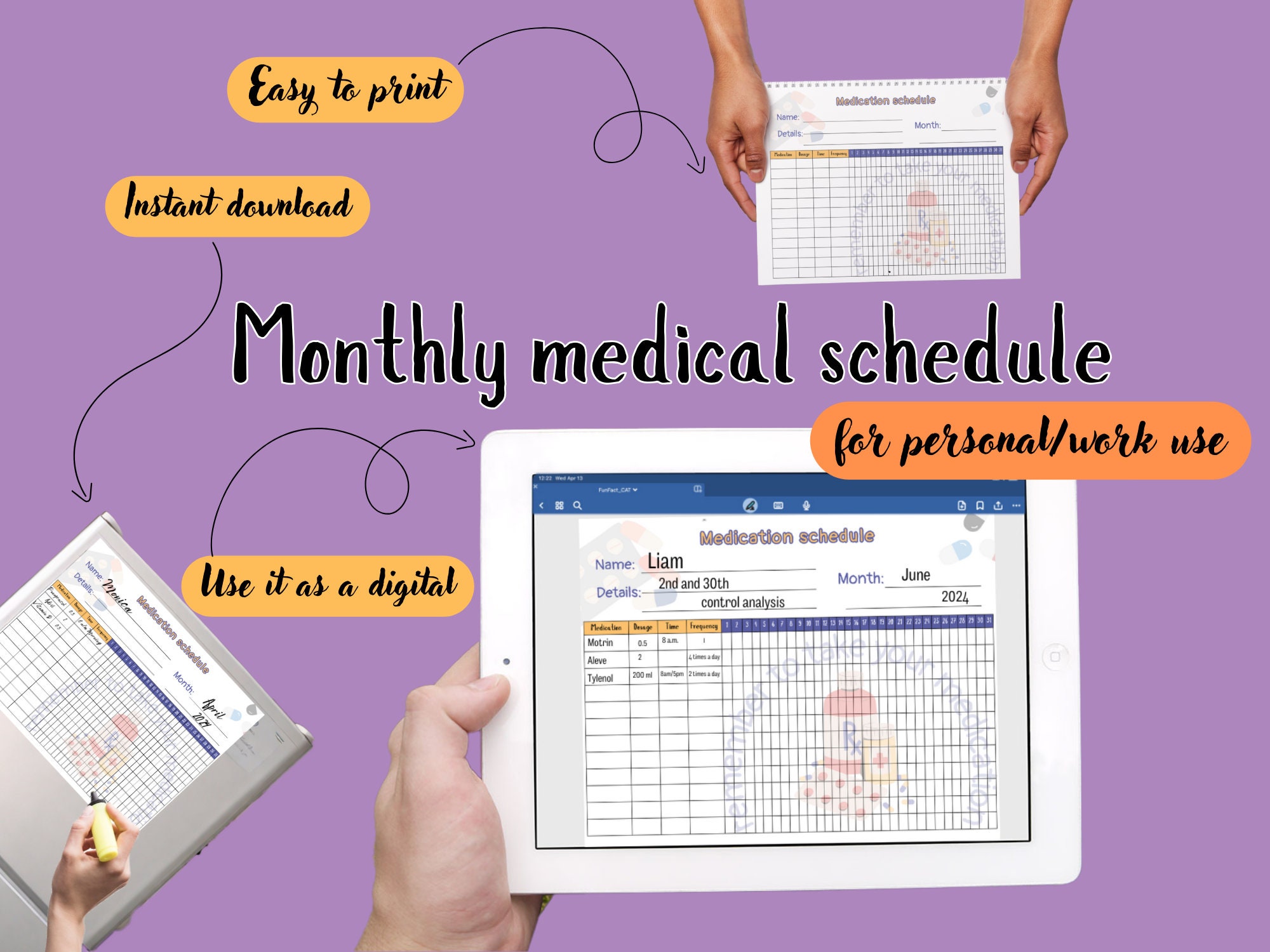 Editable Monthly Medication Schedule for Nursing Student or Carer / Medication Log / Printable Easy Medicine Chart / Medication list