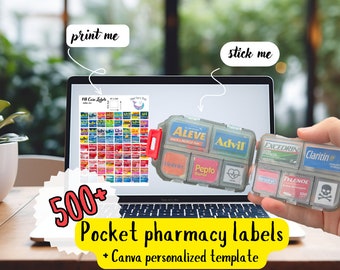 Pharmacy printable labels to personalize your pill box, Custom medicine stickers template, Ready-made digital pill case labels in 3 sizes