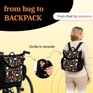 Könnte beinhalten: Ein schwarzer Rucksack mit einem bunten Tiermuster aus Giraffen, Löwen und Zebras. Der Rucksack zeigt den Text from bag to BACKPACK, From chair to anywhere und Unclip in seconds und demonstriert die Verwendung an einem Rollstuhl.