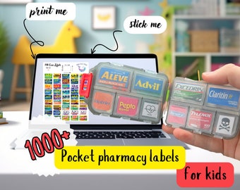 Pharmacy printable labels to personalize your children pill box, Largest kids medicine labels template  in 3 sizes + baby vitamin labels
